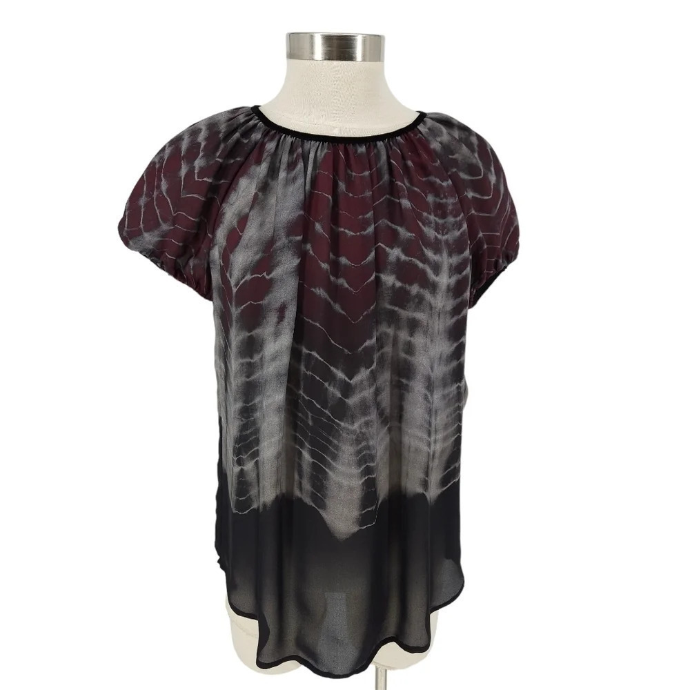 L'AGENCE Blouse Silk Black Tie Dye Short Sleeve Keyhole Back Top Shirt